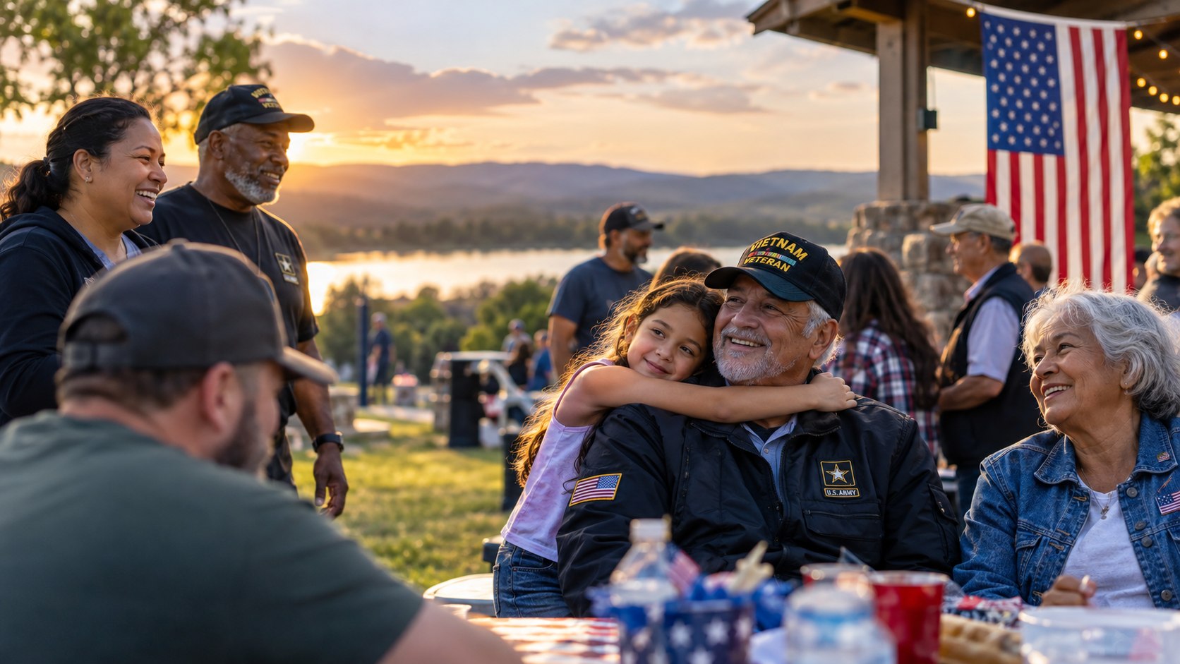 Veterans, retirees and family members gathered around a picnic table at sunset beside a lake, a young girl hugging a Vietnam veteran from behind
