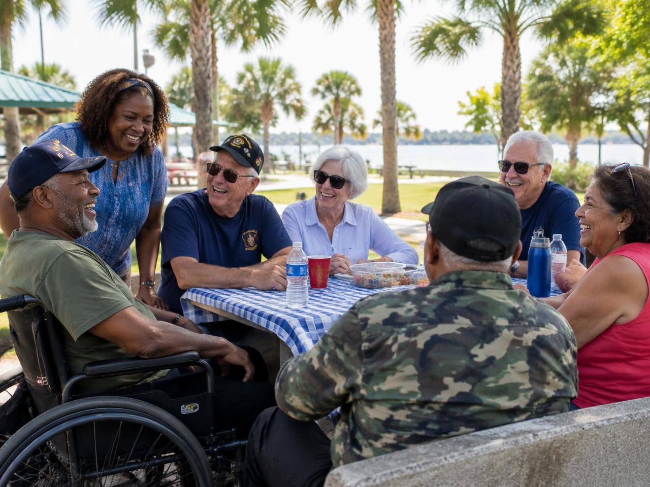 Veterans, retirees and family members laughing together around a picnic table in a Miami park