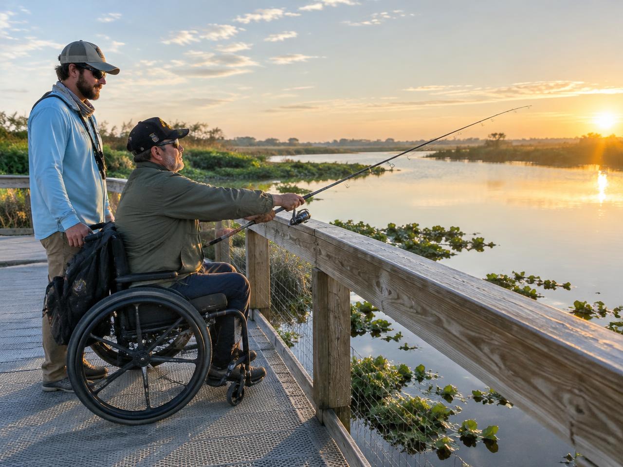 A veteran in a wheelchair casting a fishing line from an accessible boardwalk, with a volunteer beside him