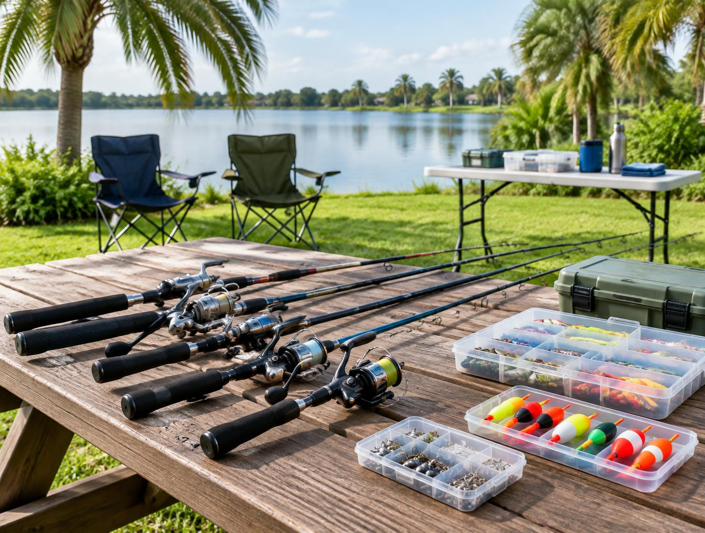 Fishing rods and tackle arranged on a picnic table beside a lake, with folding tables and chairs nearby